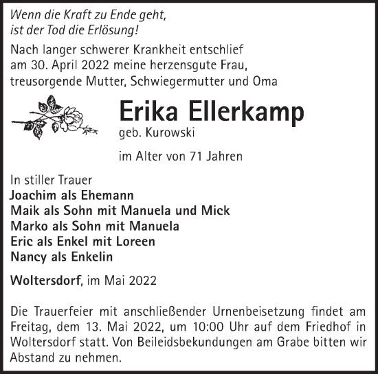 Traueranzeige von Erika Ellerkamp von Märkische Oderzeitung