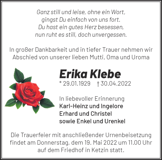 Traueranzeige von Erika Klebe von Märkische Oderzeitung