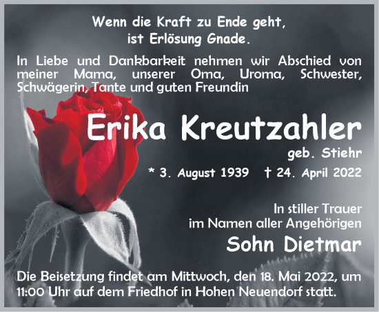 Traueranzeige von Erika Kreutzahler von Märkische Oderzeitung