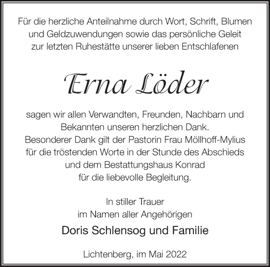 Traueranzeige von Erna Löder von Märkische Oderzeitung