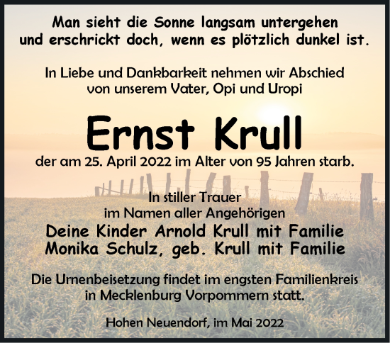 Traueranzeige von Ernst Krull von Märkische Oderzeitung