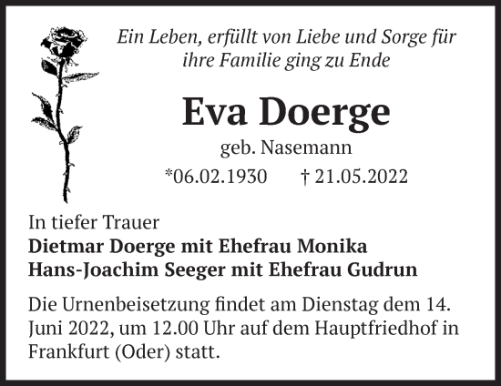 Traueranzeige von Eva Doerge von Märkische Oderzeitung