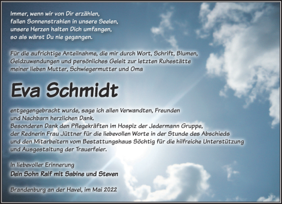 Traueranzeige von Eva Schmidt von Märkische Oderzeitung