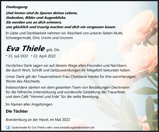 Traueranzeige von Eva Thiele von Märkische Oderzeitung