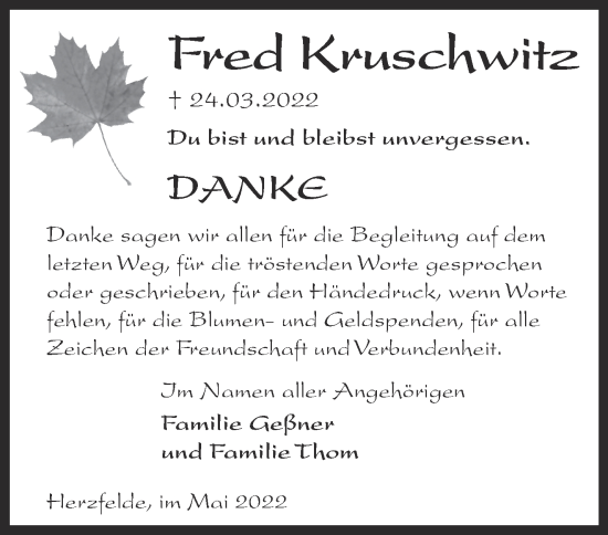 Traueranzeige von Fred Kruschwitz von Märkische Oderzeitung