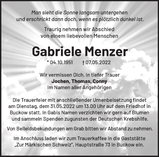 Traueranzeige von Gabriele Menzer von Märkische Oderzeitung