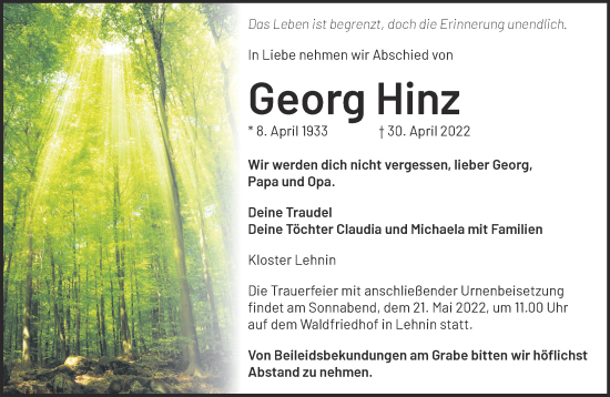 Traueranzeige von Georg Hinz von Märkische Oderzeitung