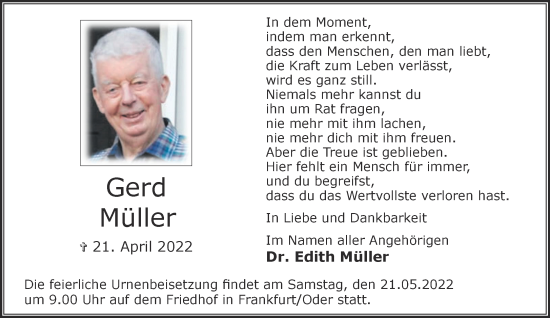 Traueranzeige von Gerd Müller von Märkische Oderzeitung