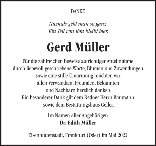 Traueranzeige von Gerd Müller von Märkische Oderzeitung