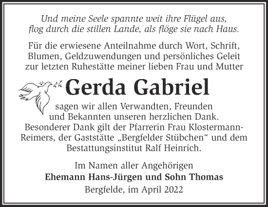 Traueranzeige von Gerda Gabriel von Märkische Oderzeitung