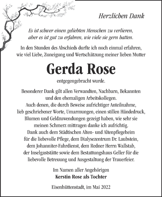 Traueranzeige von Gerda Rose von Märkische Oderzeitung