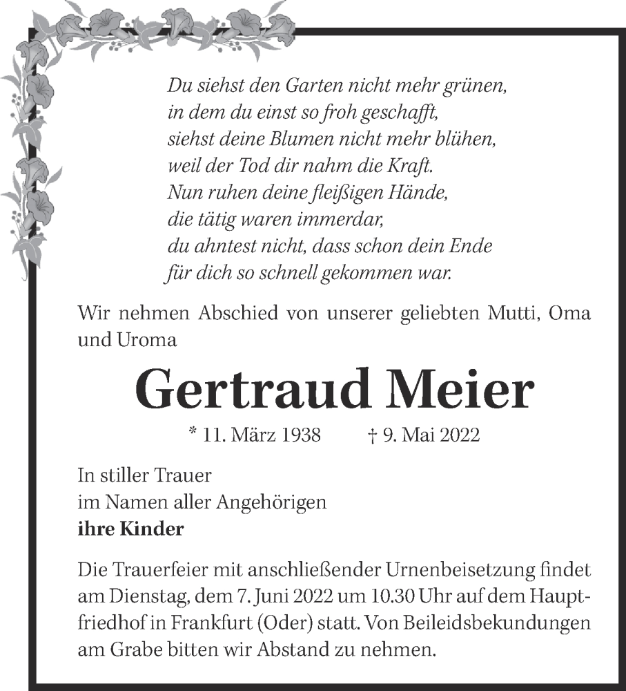  Traueranzeige für Gertraud Meier vom 14.05.2022 aus Märkische Oderzeitung