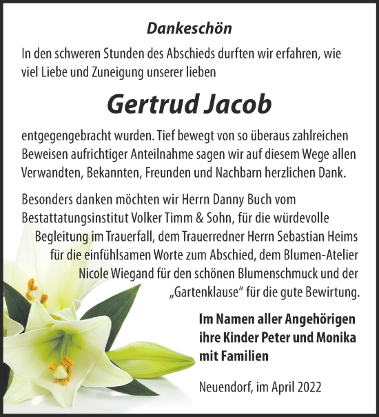 Traueranzeige von Gertrud Jacob von Märkische Oderzeitung