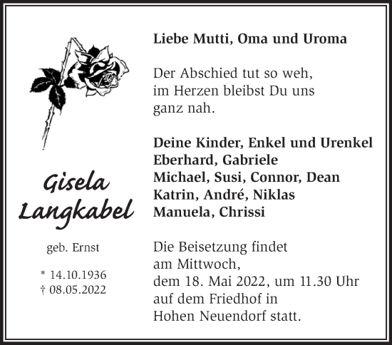 Traueranzeige von Gisela Langkabel von Märkische Oderzeitung