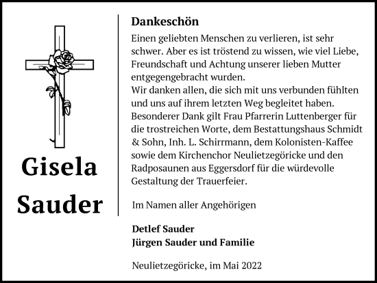 Traueranzeige von Gisela Sauder von Märkische Oderzeitung