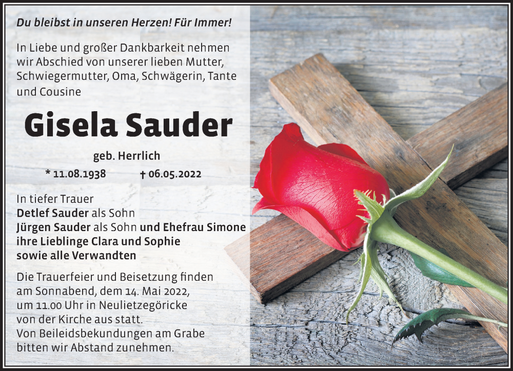  Traueranzeige für Gisela Sauder vom 10.05.2022 aus Märkische Oderzeitung