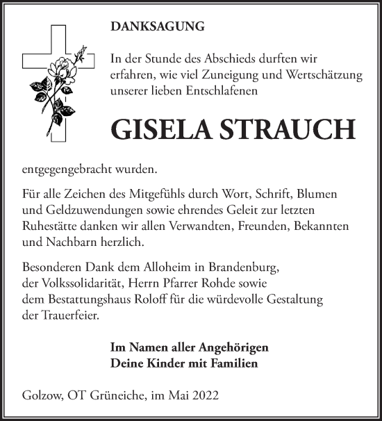 Traueranzeige von Gisela Strauch von Märkische Oderzeitung