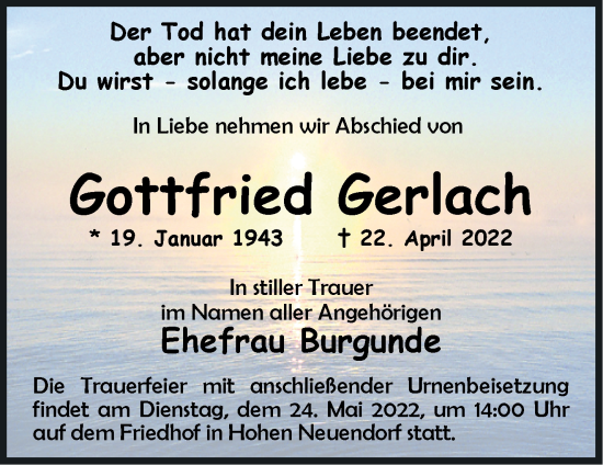 Traueranzeige von Gottfried Gerlach von Märkische Oderzeitung