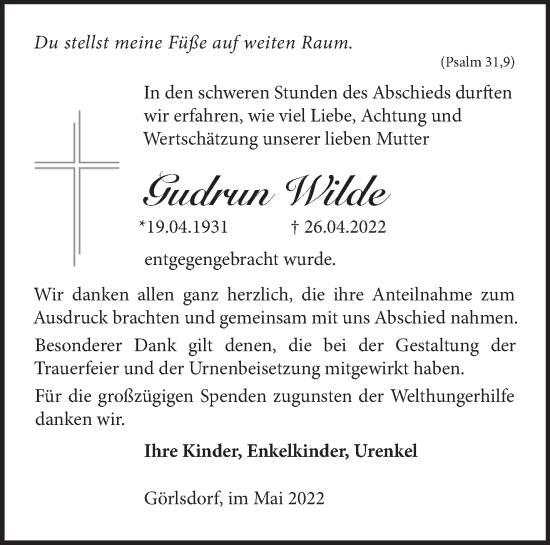 Traueranzeige von Gudrun Wilde von Märkische Oderzeitung