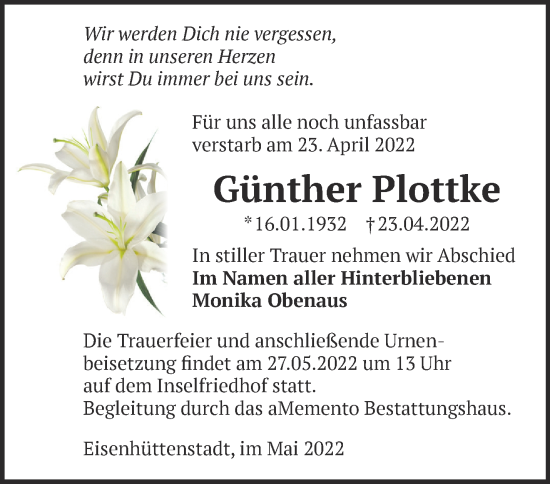 Traueranzeige von Günther Plottke von Märkische Oderzeitung