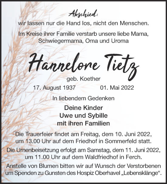 Traueranzeige von Hannelore Tietz von Märkische Oderzeitung