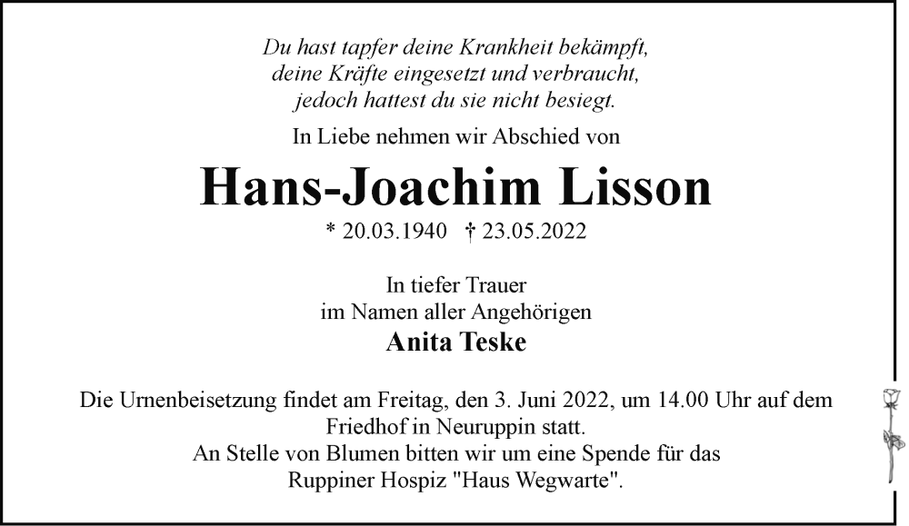  Traueranzeige für Hans-Joachim Lisson vom 28.05.2022 aus Märkische Oderzeitung