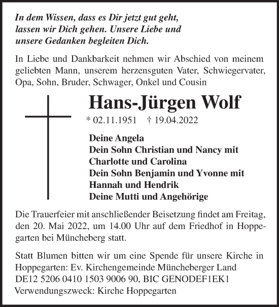 Traueranzeige von Hans-Jürgen Wolf von Märkische Oderzeitung