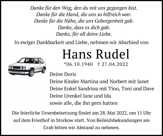 Traueranzeige von Hans Rudel von Märkische Oderzeitung