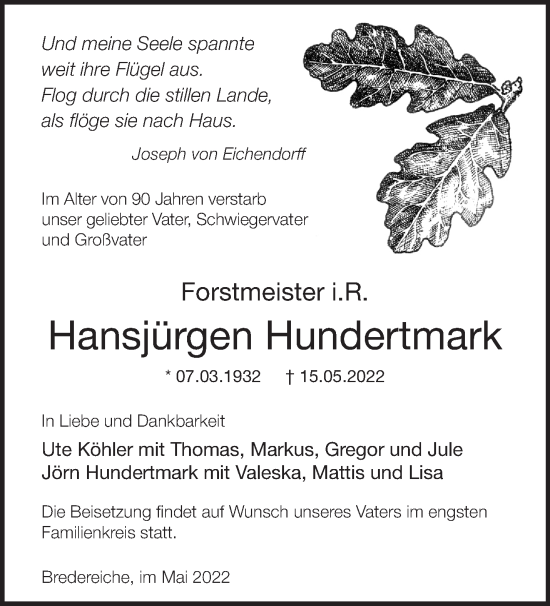 Traueranzeige von Hansjürgen Hundertmark von Märkische Oderzeitung