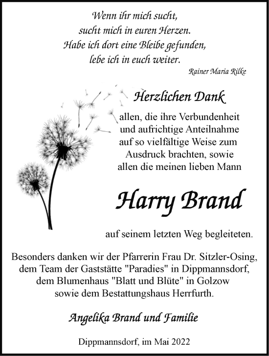 Traueranzeige von Harry Brand von Märkische Oderzeitung