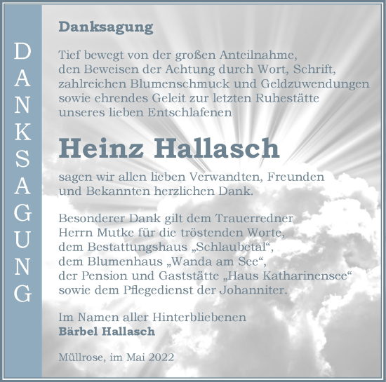 Traueranzeige von Heinz Hallasch von Märkische Oderzeitung