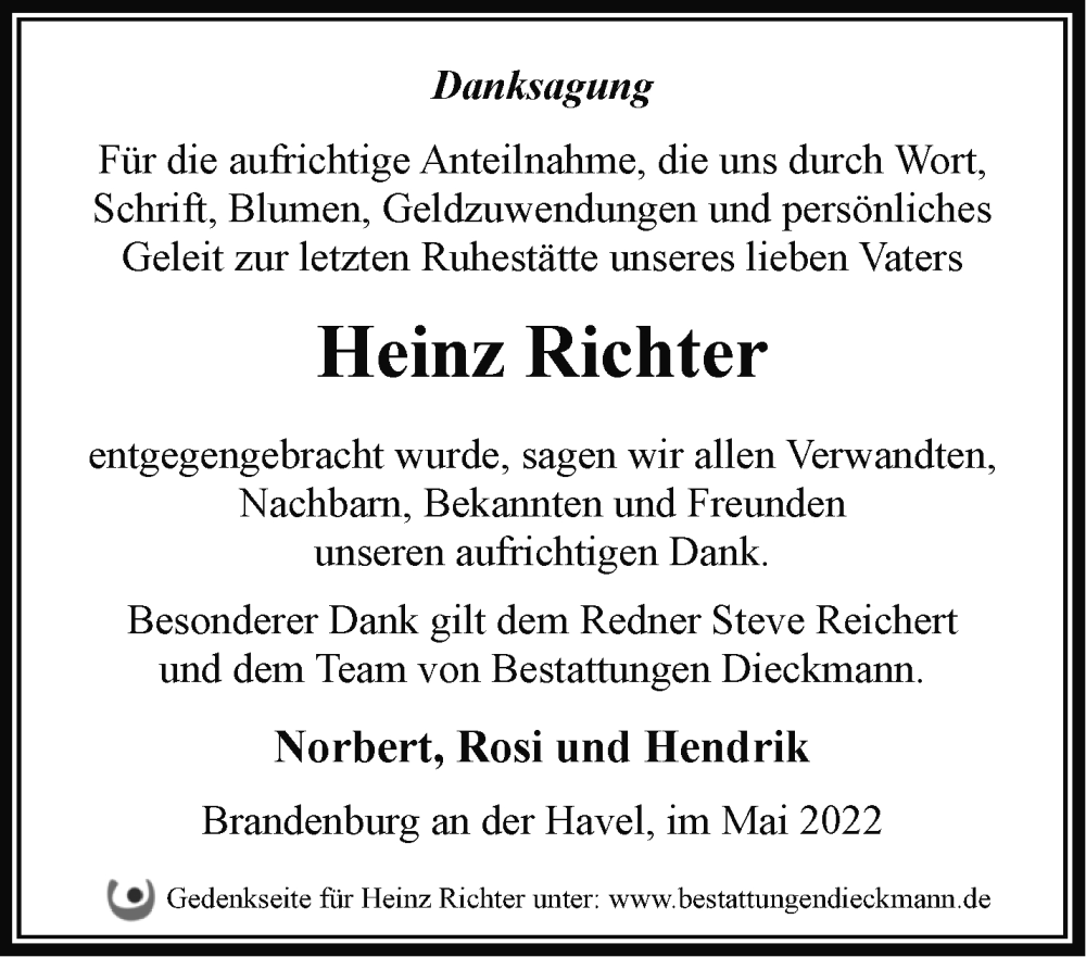 Traueranzeigen von Heinz Richter Märkische Onlinezeitung Trauerportal