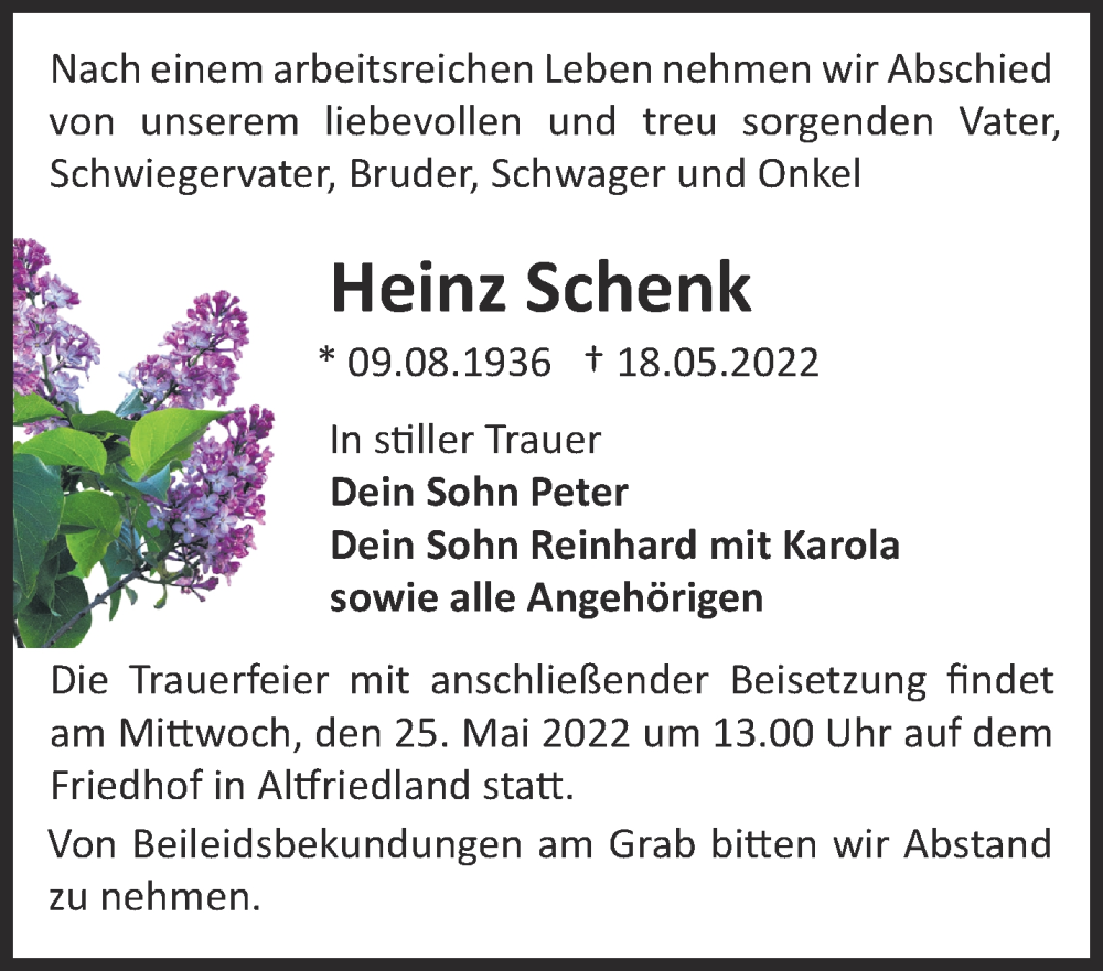  Traueranzeige für Heinz Schenk vom 21.05.2022 aus Märkische Oderzeitung