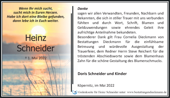 Traueranzeige von Heinz Schneider von Märkische Oderzeitung