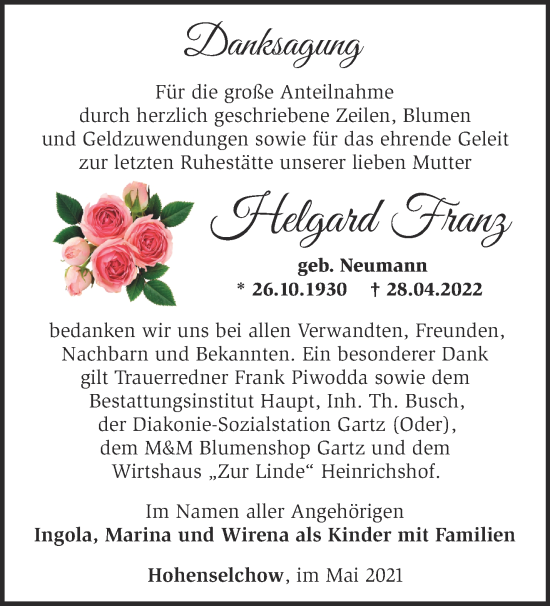 Traueranzeige von Helgard Franz von Märkische Oderzeitung