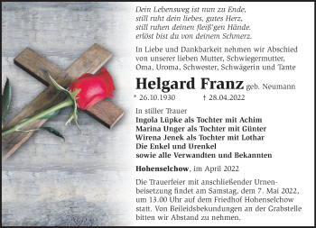 Traueranzeige von Helgard Franz von Märkische Oderzeitung