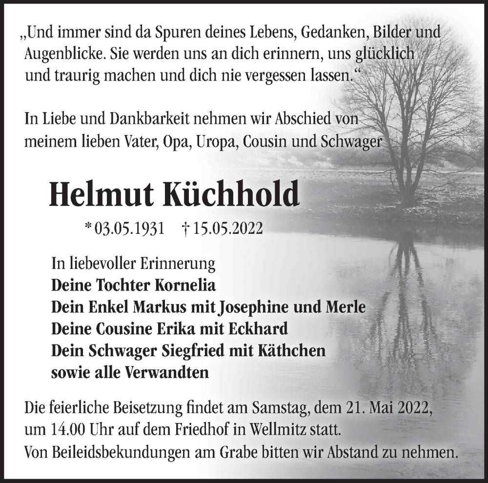  Traueranzeige für Helmut Küchhold vom 18.05.2022 aus Märkische Oderzeitung