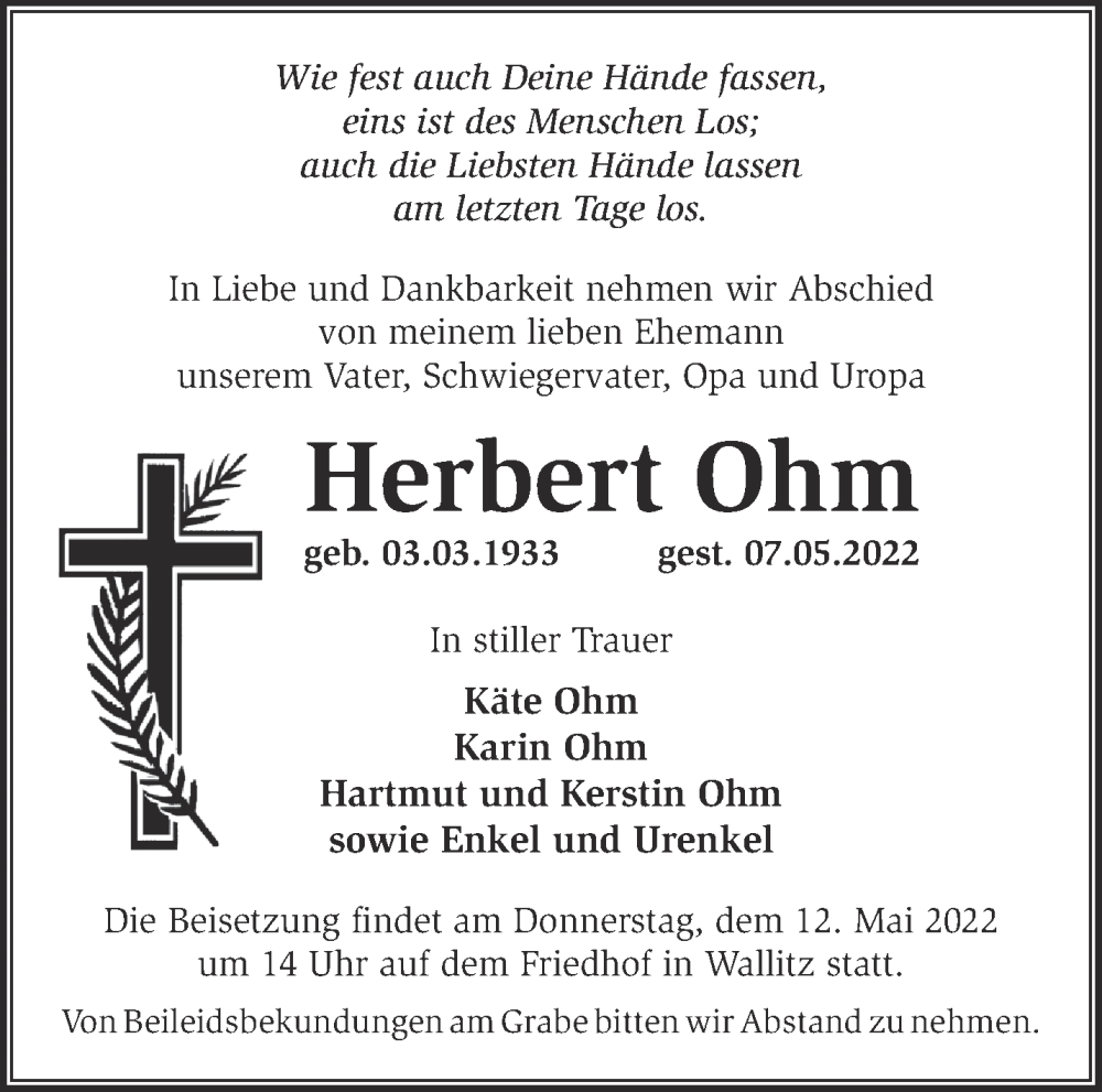  Traueranzeige für Herbert Ohm vom 10.05.2022 aus Märkische Oderzeitung