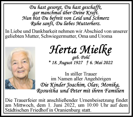 Traueranzeige von Herta Mielke von Märkische Oderzeitung