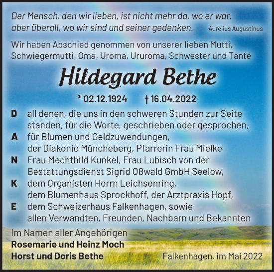 Traueranzeige von Hildegard Bethe von Märkische Oderzeitung