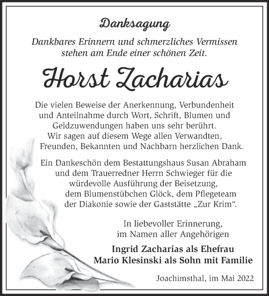 Traueranzeige von Horst Zacharias von Märkische Oderzeitung