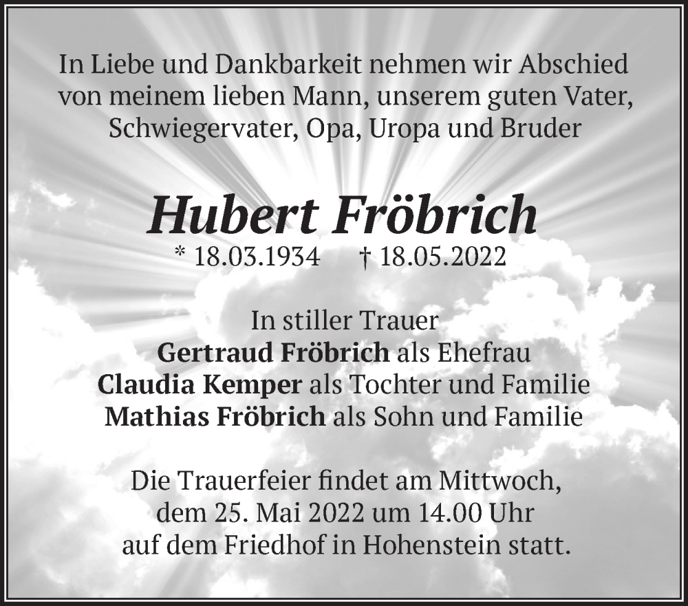  Traueranzeige für Hubert Fröbrich vom 21.05.2022 aus Märkische Oderzeitung