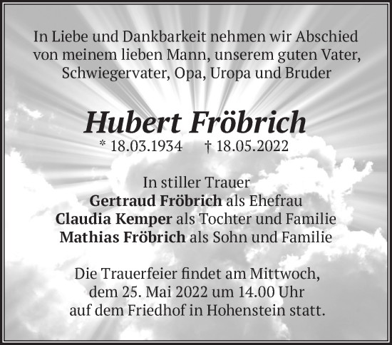 Anzeige Hubert Fröbrich