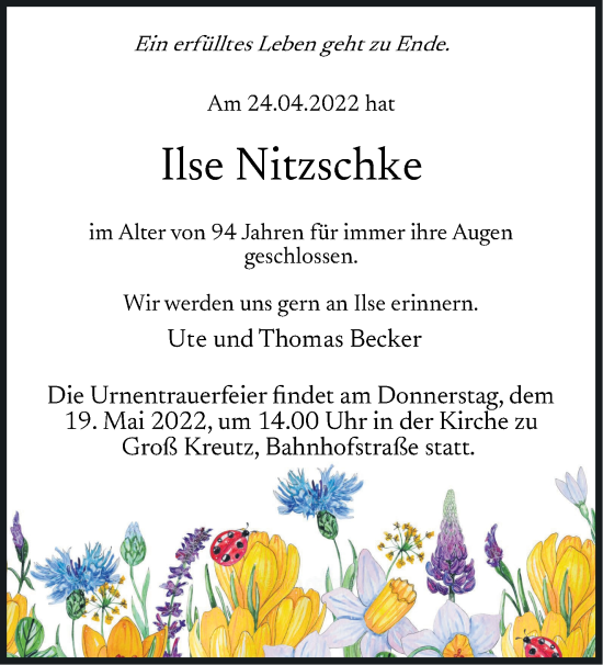 Traueranzeige von Ilse Nitzschke von Märkische Oderzeitung