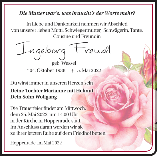 Traueranzeige von Ingeborg Freudl von Märkische Oderzeitung