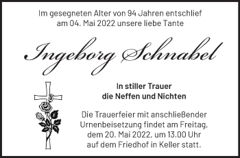 Traueranzeige von Ingeborg Schnabel von Märkische Oderzeitung