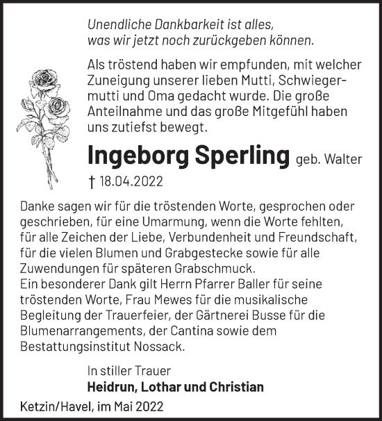 Traueranzeige von Ingeborg Sperling von Märkische Oderzeitung