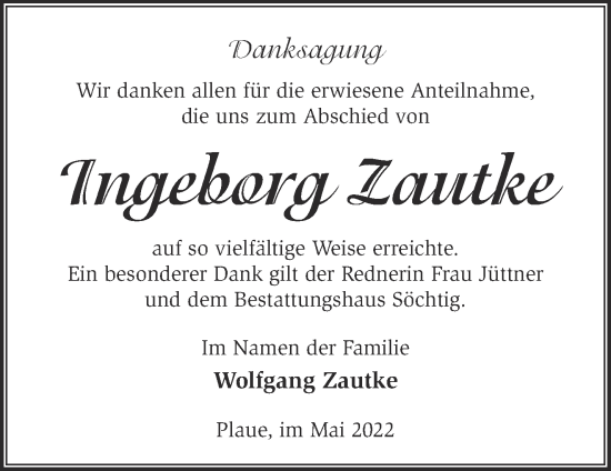 Traueranzeige von Ingeborg Zautke von Märkische Oderzeitung