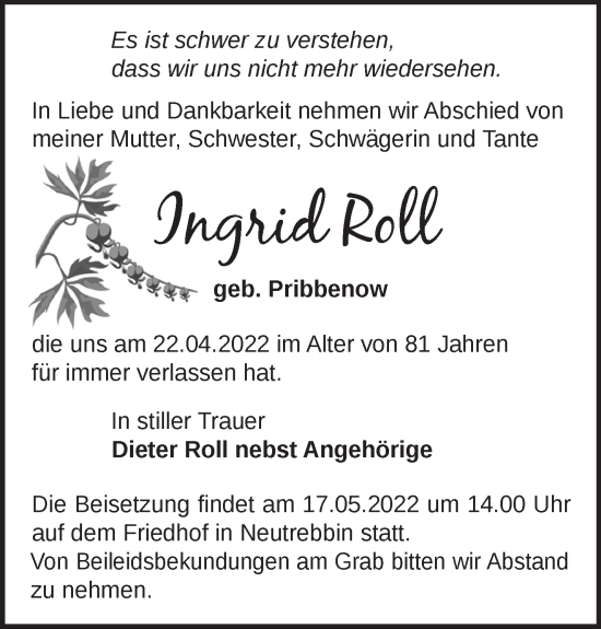 Traueranzeige von Ingrid Roll von Märkische Oderzeitung