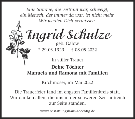 Traueranzeige von Ingrid Schulze von Märkische Oderzeitung